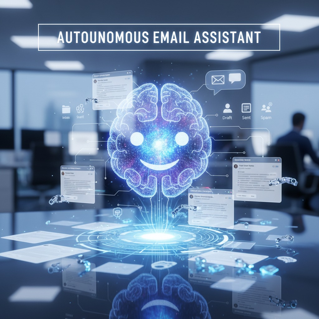 A glowing blue digital brain with a smiling face floats above a table surrounded by email icons and document windows in an office.