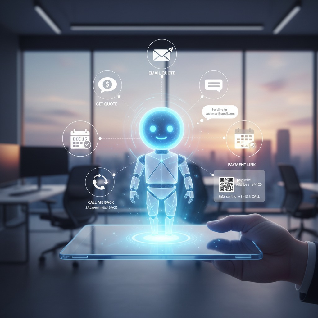 A glowing blue holographic robot is projected upward from a transparent tablet held by a person in an office setting, surrounded by floating icons representing various customer service actions.